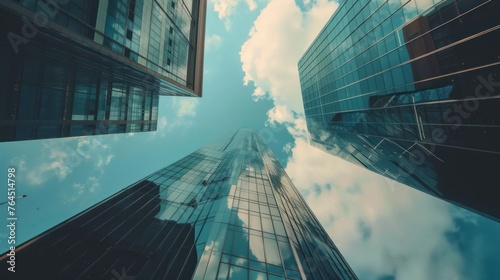 Low angle of tall corporate buildings skyscraper with reflection of clouds among high buildings and glass