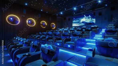Model a futuristic cinema with immersive viewing experiences, including 4D theaters and virtual reality pods