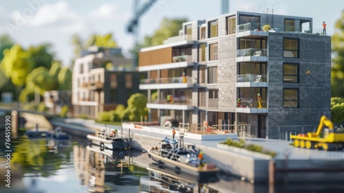 Modern apartments along a canal, with miniature construction boats and divers working on water features and canal walls photo