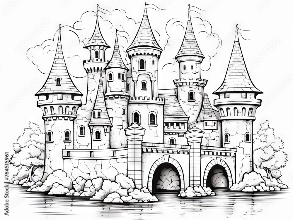 Medieval fantasy scene: castle encircled by moat with knights, dragons, and tower-bound princess awaiting rescue - black and white illustration for coloring