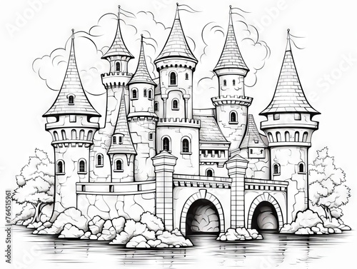 Medieval fantasy scene: castle encircled by moat with knights, dragons, and tower-bound princess awaiting rescue - black and white illustration for coloring © Ameer