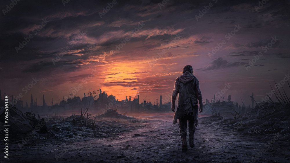 A man walking through the dark, uncertain and desolate ruins of a post-apocalyptic world.