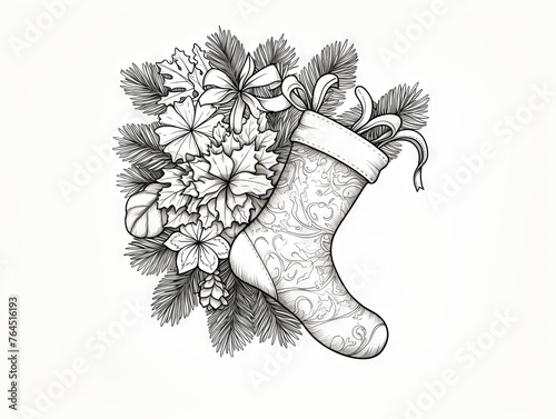 Monochrome illustration of festive Christmas sock for coloring - ideal for holiday crafts and activities