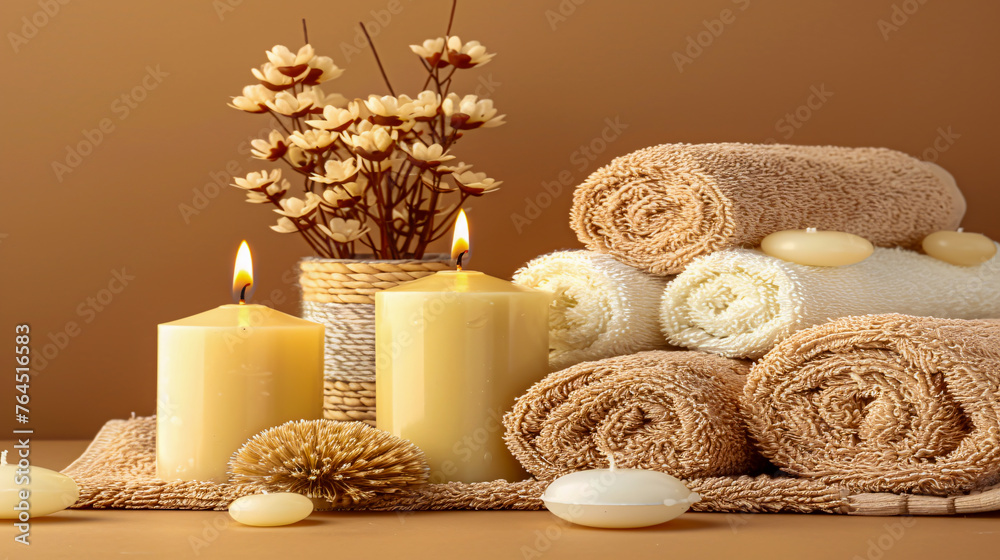 Spa Relaxation Setting, Towels, Candles, and Orchid for Peaceful Therapy
