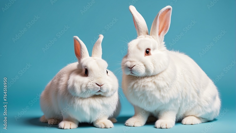 Fototapeta premium Two cute white rabbits sitting side by side on a vibrant blue background, looking forward