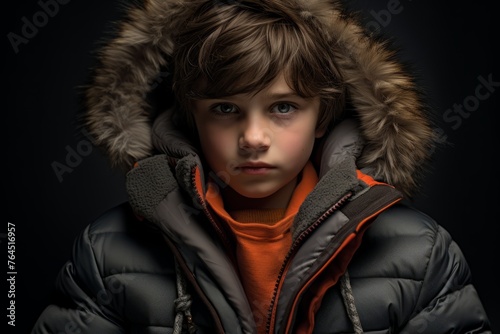 Portrait of a boy in a winter jacket. Black background. © Inigo