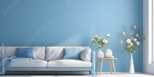 modern living room with sofa and coushion InteriorArchitecture StylishLiving blue wall background photo