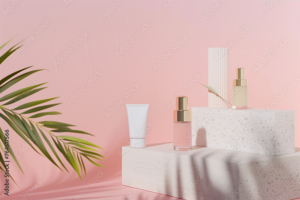 Eco-friendly arrangement mockup of skincare products on a terrazzo pedestal with a pink backdrop, accompanied by a palm leaf's shadow adding a natural touch. Eco-friendly arrangement mockup of skincare products on a terrazzo pedestal with a pink backdrop, accompanied by a palm leaf's shadow adding a natural touch.