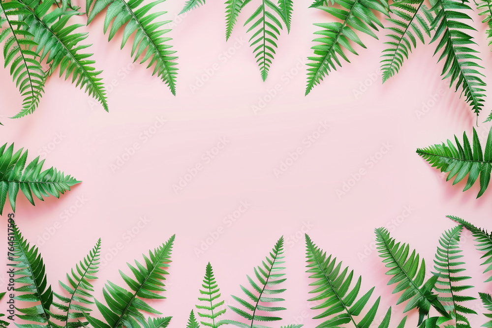 Frame created by lush green fern leaves against a soft pink background, natural border with a central space for text or design elements.
