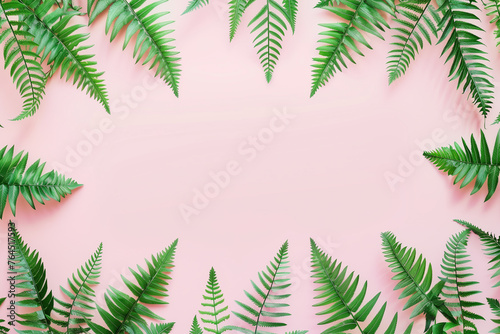 Frame created by lush green fern leaves against a soft pink background  natural border with a central space for text or design elements.