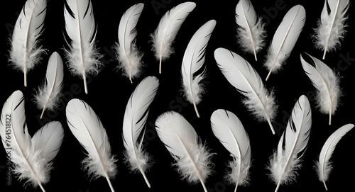 Vector white feathers collection, set of different falling fluffy twirled feathers, isolated on transparent background. Realistic style, vector 3d illustra geneative ai photo
