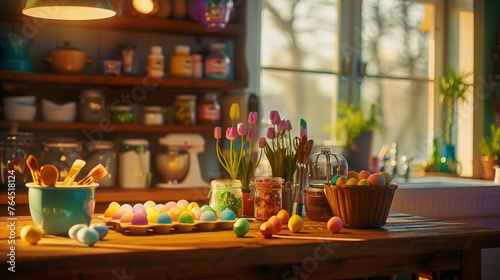 In a cozy kitchen, a wooden table serves as a canvas for a plethora of Easter egg painting supplies and decorative accents