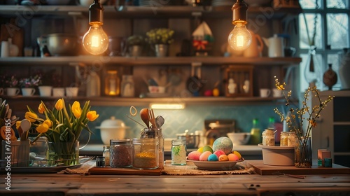 In a cozy kitchen  a wooden table serves as a canvas for a plethora of Easter egg painting supplies and decorative accents  