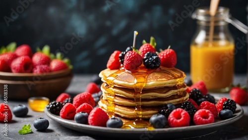 Fluffy pancakes stacked high, dripping with golden syrup and fresh berries, with a side of orange juice photo