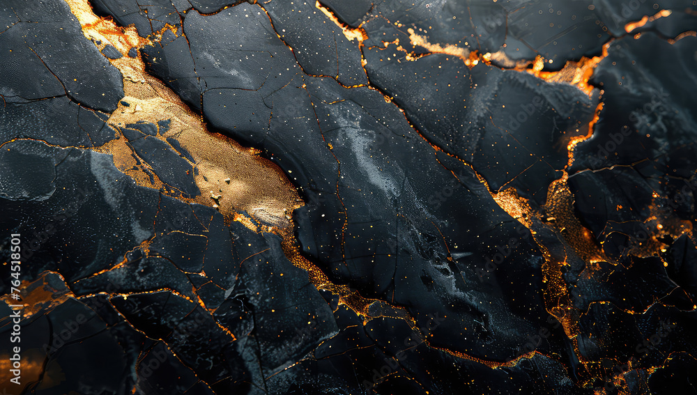 Black marble with golden veins, cracks and gold shimmering on the surface. Created with Ai