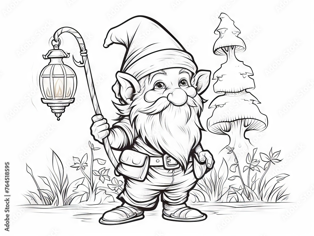 Enchanted forest dweller: whimsical gnome with lantern - hand-drawn black and white illustration for fantasy coloring enthusiasts