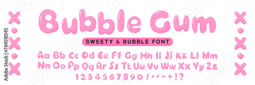 Bubble Gum font in the shape of letters of the English alphabet. Pink bubbles typeface y2k, hand drawn, retro. Full set letters and numbers.