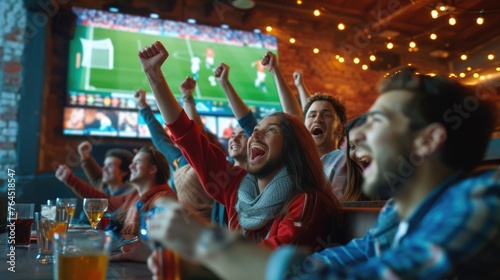 A crowd gathers around a large display device to share the excitement of a football game, building an entertaining event filled with fun and leisure. AIG41