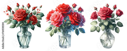 Watercolor illustration material set of red roses in a glass vase