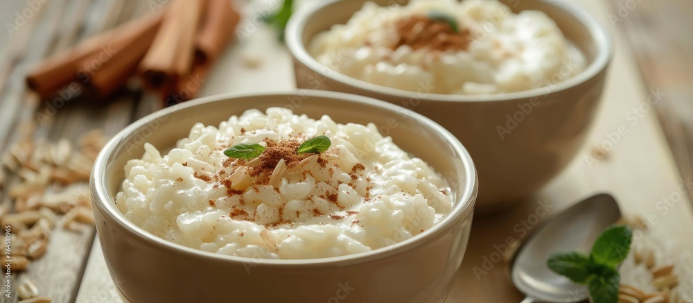 Multiple dishes of creamy rice pudding topped with aromatic cinnamon and fresh mint leaves presented on a rustic wooden surface Multiple dishes of creamy rice pudding topped with aromatic cinnamon and fresh mint leaves presented on a rustic wooden surface