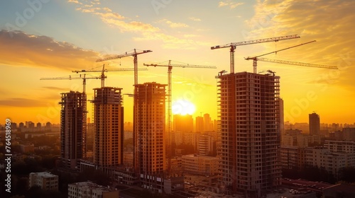 Construction of new residential high-rise buildings. Against the background of a yellow sunset sky, crane, architecture, industrial, development, tower, gen AI