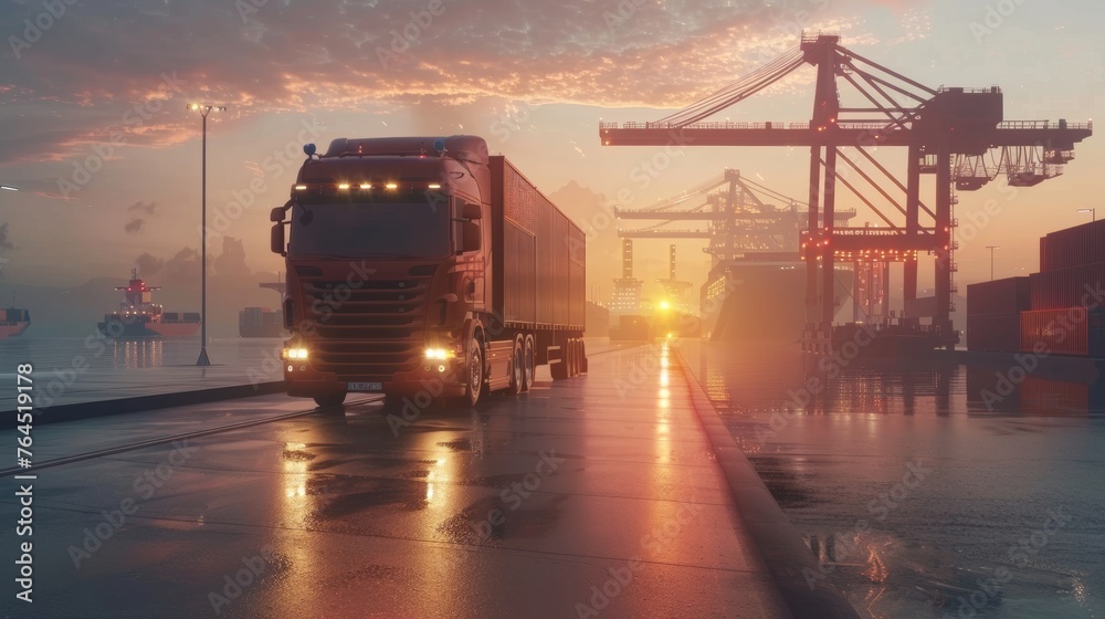 Container truck in ship port for business Logistics and transportation of Container Cargo ship and Cargo plane with working crane bridge in shipyard at sunrise, logistic import export and transport