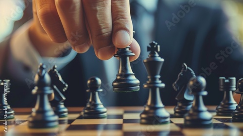 chess battle, victory, success, leader, teamwork, business strategy . business man wear business suit move prepare move king chess pieces, plan strategy lead successful business competition leader photo