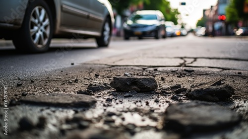 car wheels running and closed up Very bad quality street with potholes. have tree. Damaged asphalt pavement road with potholes in city, dangerous, broken, garage © pinkrabbit