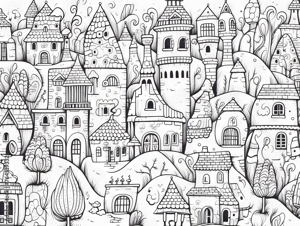 Enchanting fairy tale village doodle - seamless pattern vector for children’s coloring books