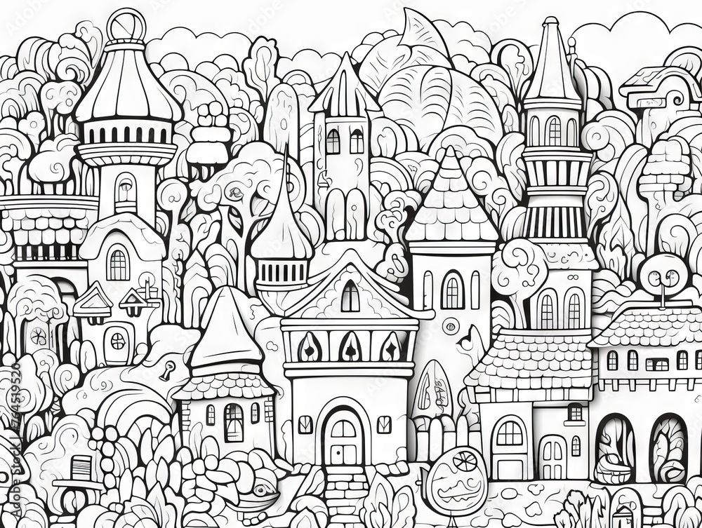 Enchanting fairy tale village doodle - seamless pattern vector for children’s coloring books