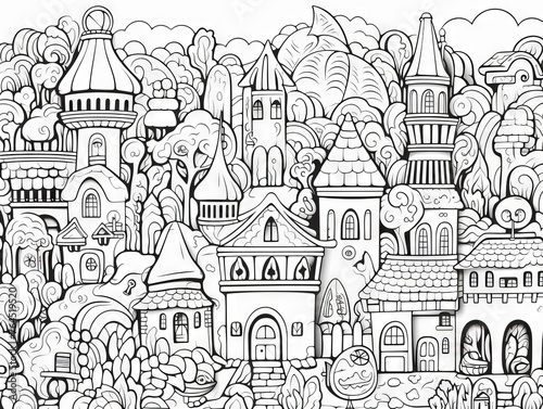 Enchanting fairy tale village doodle - seamless pattern vector for children   s coloring books