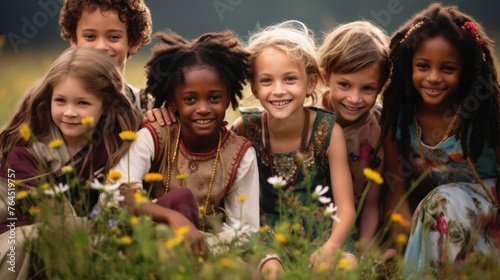 Children from different cultures, races, and ethnicities enjoy together in a meadow with flowers , demonstrating that multiculturalism is an opportunity to build a more just and supportive world photo