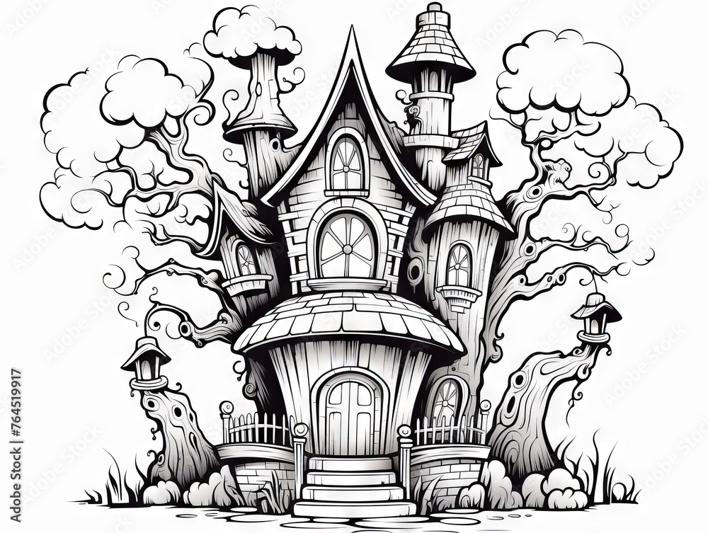 Naklejka premium Spooky haunted mansion and mystic fairytale house: Halloween-themed vector coloring page for children - fantasy black and white contour illustration