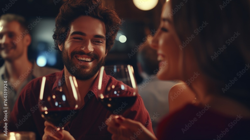 close up of Happy friends toasting red wine glasses at diner party