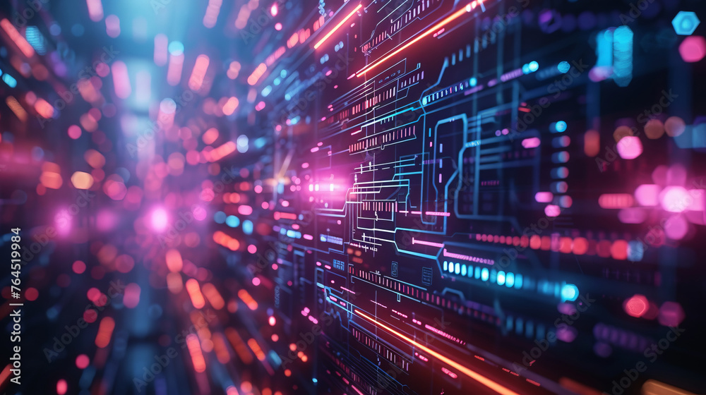 Vibrant neon lights trace the intricate pathways of a cyber circuit board, depicting a dynamic abstract concept of data and technology. Vibrant neon lights trace the intricate pathways of a cyber circuit board, depicting a dynamic abstract concept of data and technology.