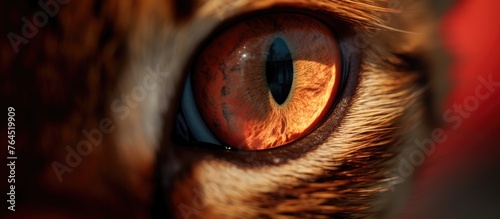An image showing a detailed view of a feline's eye set against a vibrant red background