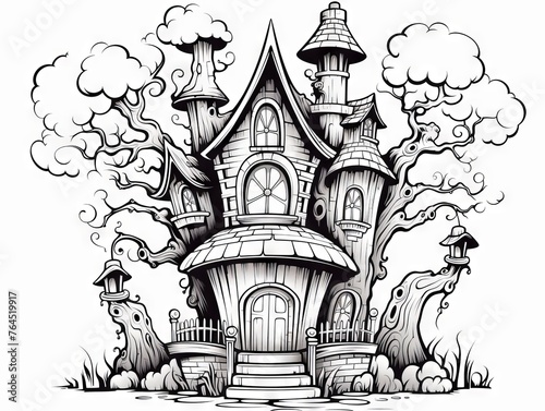 Spooky haunted mansion and mystic fairytale house: Halloween-themed vector coloring page for children - fantasy black and white contour illustration © Ameer