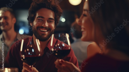 close up of Happy friends toasting red wine glasses at diner party photo