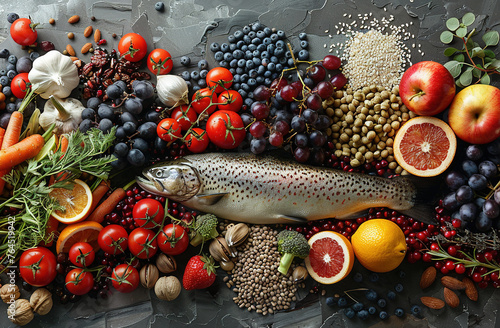 A photo of an array of fresh, colorful fruits and vegetables with fish arranged on the right side of the picture. The background is dark gray, creating contrast between lightness and darkness.  photo