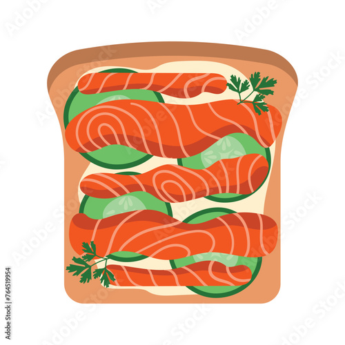 Sandwich with red fish cucumber slices and cottage cheese or mayonnaise. Vector illustration of food