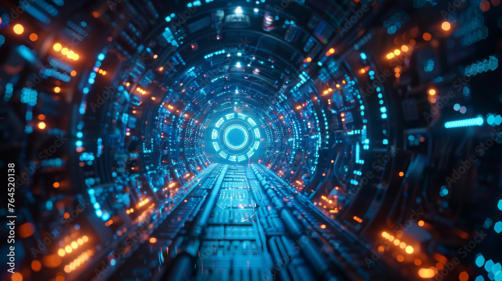 Fototapeta premium An immersive view inside a futuristic tunnel illuminated by intense blue lights and digital patterns, suggestive of advanced technology or space travel.