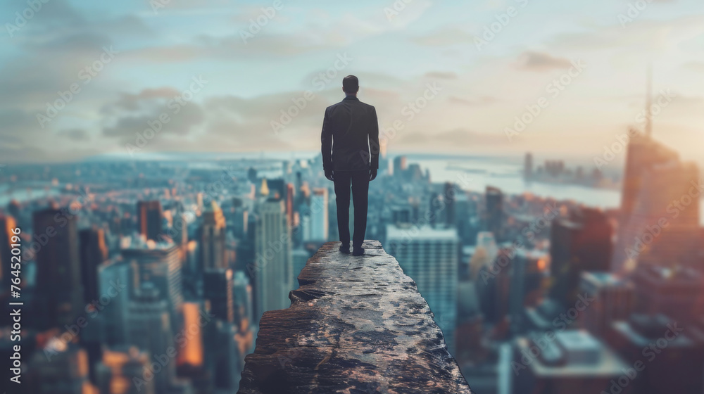 Back view of a contemplative man standing on the edge of a high cliff, gazing at the vast city skyline during sunrise.