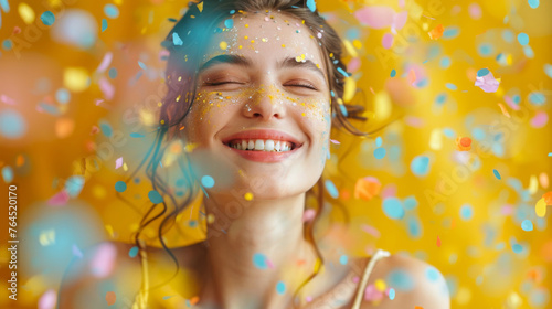 A radiant woman smiling with closed eyes, her face sprinkled with colorful confetti, embodying joy and celebration on a vibrant yellow background.