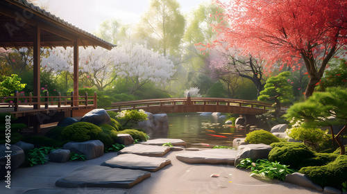 japanese garden with bridge and pond