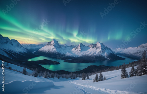 Blue winter landscape Mountains snow aurora borealis