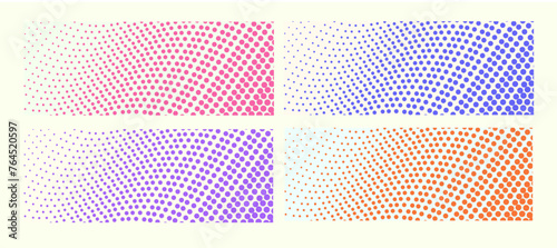 abstract 60s,70s retro groovy dot halftone wavy pattern horizontal background in four different colors pink,blue,violet and orange