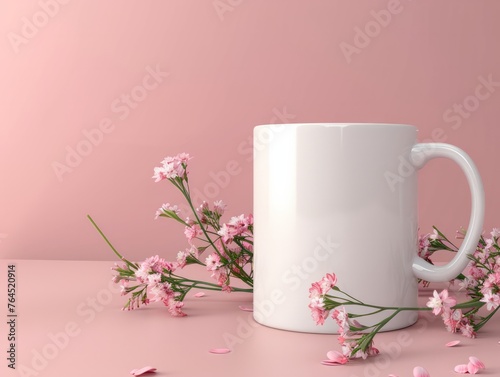 A simple white mug stands beside delicate pink flowers on a soft pink surface
