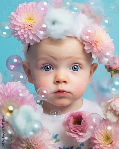 Toddler with striking blue eyes surrounded by a myriad of pink flowers and floating bubbles