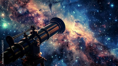 Against a backdrop of stars and galaxies, a telescope peers into the vast expanse of space, capturing the beauty of distant celestial bodies.