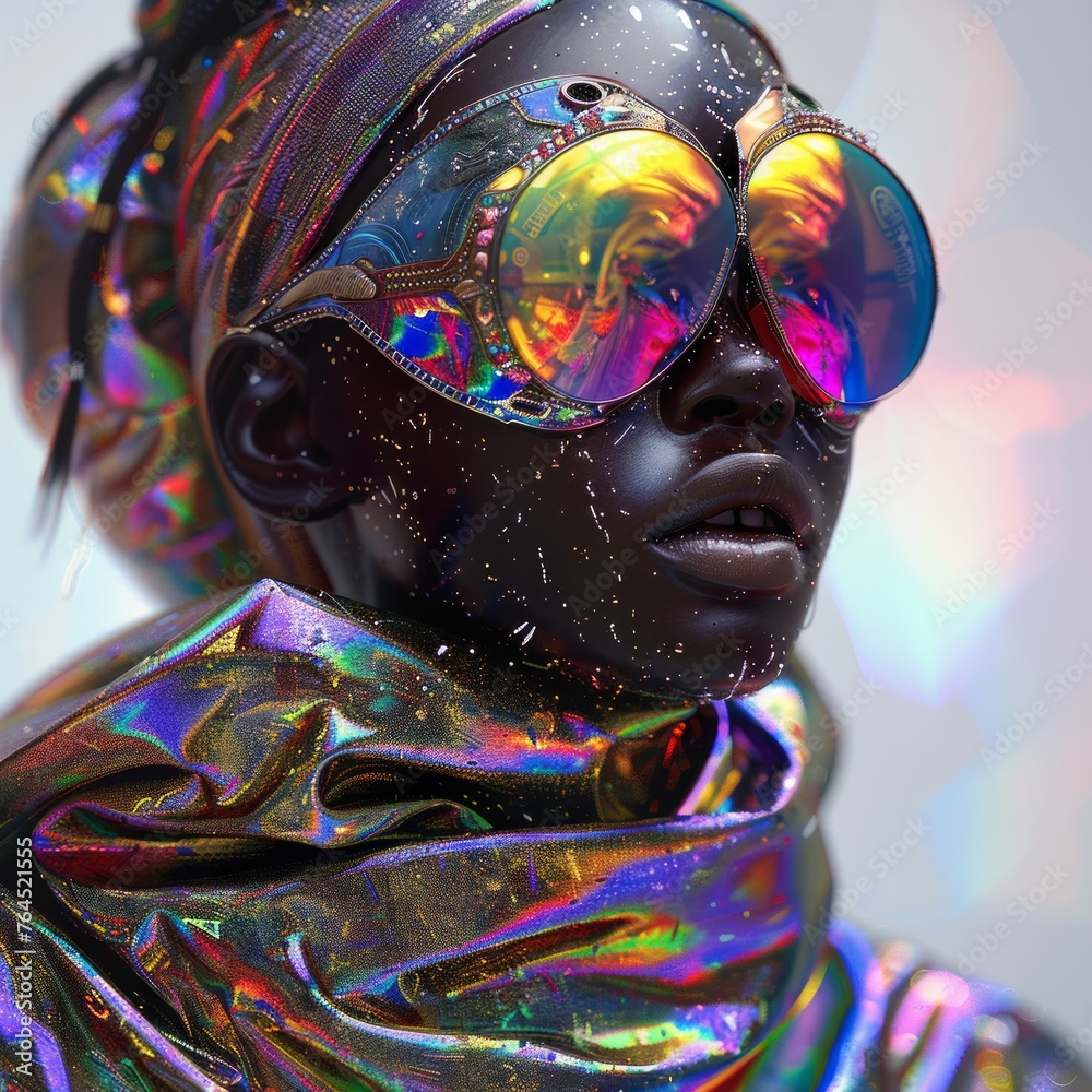 A forward-thinking fashion concept with model wearing reflective metallic garment A forward-thinking fashion concept with model wearing reflective metallic garment